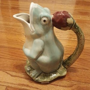 Vintage 1960s Majolica pottery frog on lily pad pitcher vintage